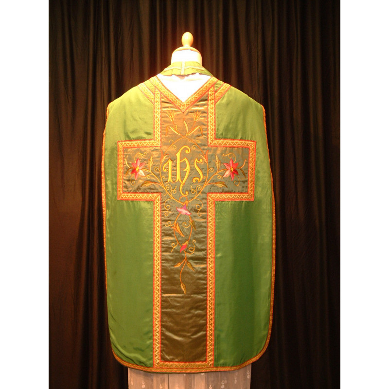 Fantastic green chasuble depicting flowers and IHS
